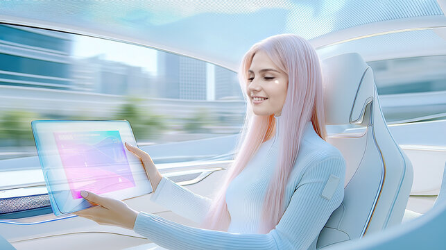 Woman using a futuristic tablet in an autonomous vehicle with a modern city backdrop, showcasing how urban life might integrate with intelligent, high-tech vehicles and digital solutions - Powered by Adobe