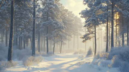 Obraz premium A serene, snow-covered pine forest at dawn, with soft light filtering through frosty trees, creating a peaceful and quiet winter scene filled with calm and natural beauty.