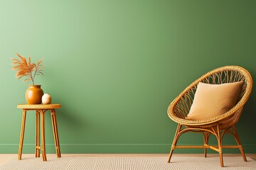 "Chic corner with a wicker chair, decorative dried grass in a rustic vase, against a soft green wall. Bohemian decor, peaceful ambiance concept."

 - Powered by Adobe