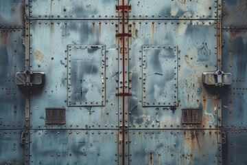 Weathered blue metal door with rust and scratches. The door features two small, rectangular panels and various rivets, showcasing a vintage industrial aesthetic.