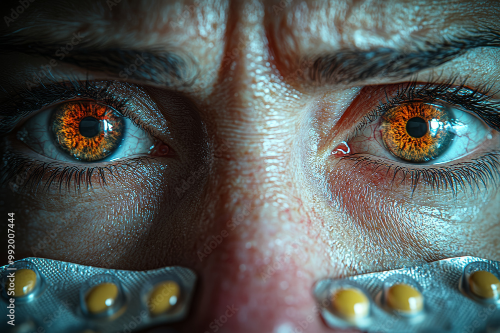Poster a close-up of a person's face with a red nose and eyes showing signs of fatigue, with medication and