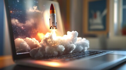 A creative idea takes off like a rocket, boosting your workflow. Imagine a spaceship launching from your laptop, representing the rapid growth and success of your startup.