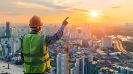 Construction engineer pointing at new building during sunset over city skyline