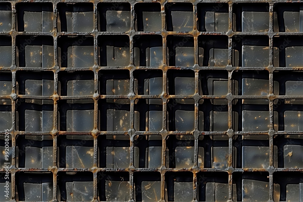 Poster seamless textured metal surface featuring a grate grid pattern made of dark, rusted metal. the grid 