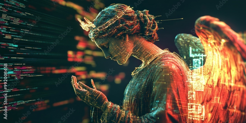 Poster a digital angel stands with a serene expression among waves of binary code. this captivating artwork