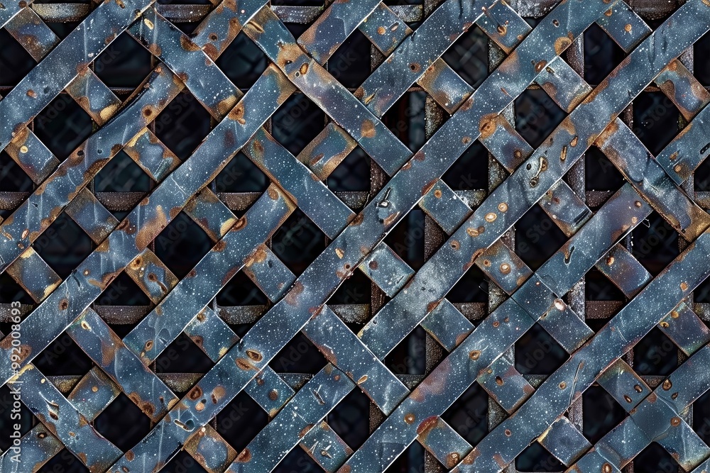 Poster seamless weathered metal grate lattice pattern, showcasing rust and wear. the intersecting lines cre