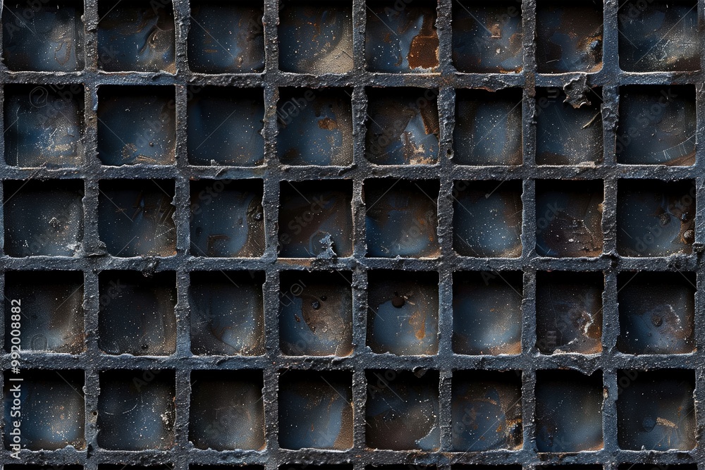 Poster seamless textured metal grate with square openings. the surface shows signs of wear and rust, with a