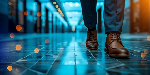 Obraz premium A businessman walking through a modern office building in formal attire, symbolizing confidence, career progression, and a professional work environment.