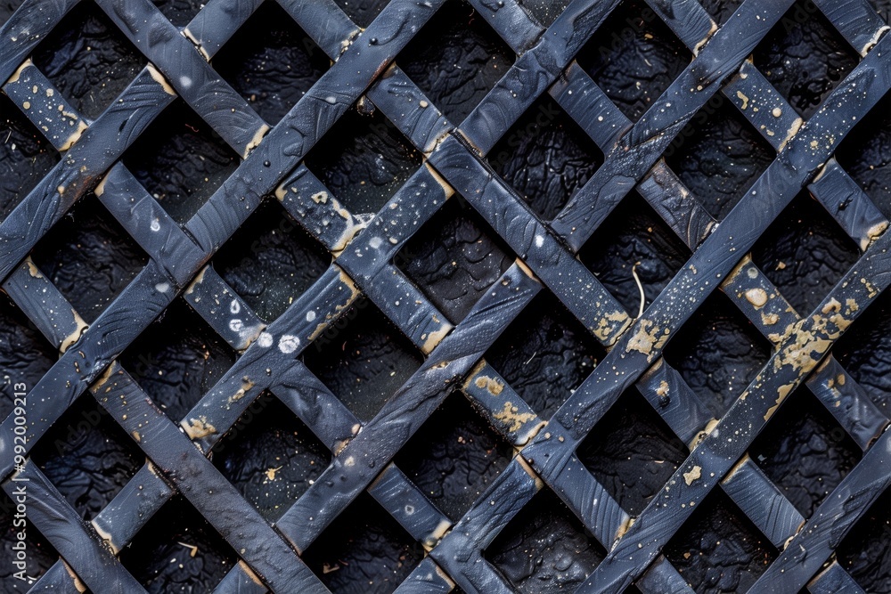 Poster seamless metallic grate black lattice pattern with a textured surface. the lattice is made of interw
