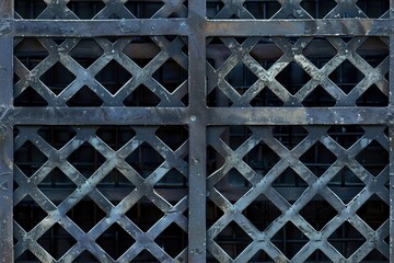 Seamless dark metal grate lattice gate featuring a diamond pattern. The surface shows signs of wear and rust, adding a vintage feel. The background is blurred, emphasizing.