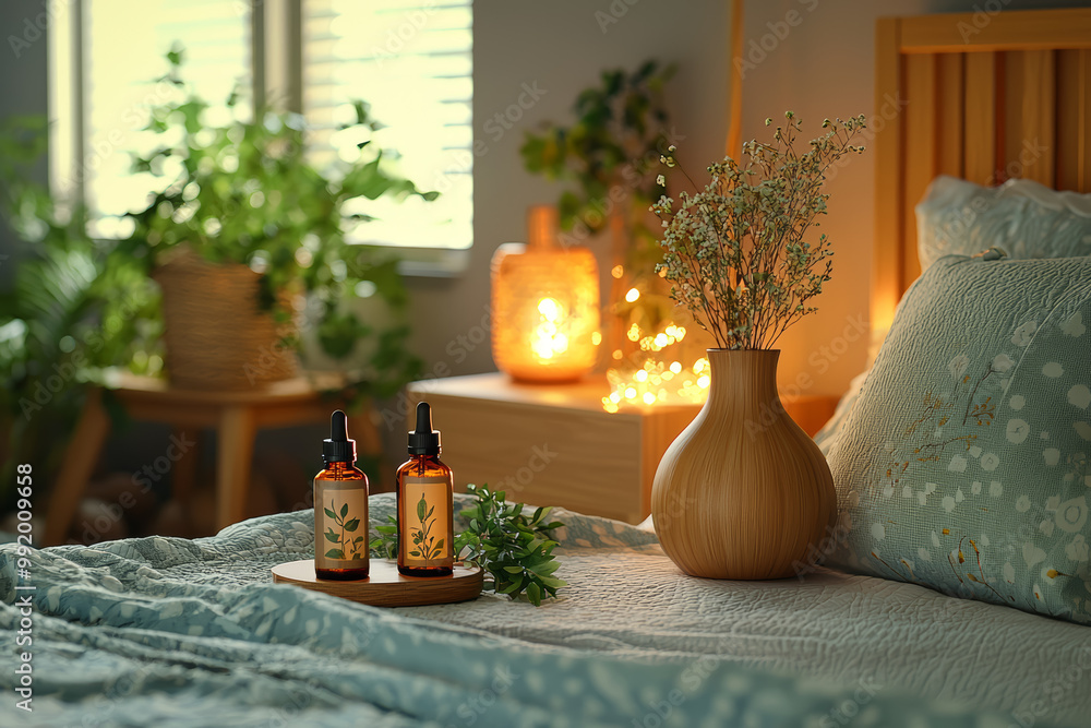 Aufkleber a bedside table with a bottle of essential oils and a diffuser, illustrating methods to enhance slee