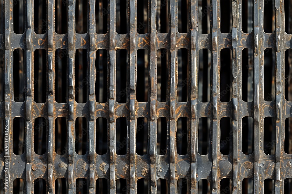 Poster seamless metallic grate with elongated slots, showcasing a textured surface with rust and wear. the 
