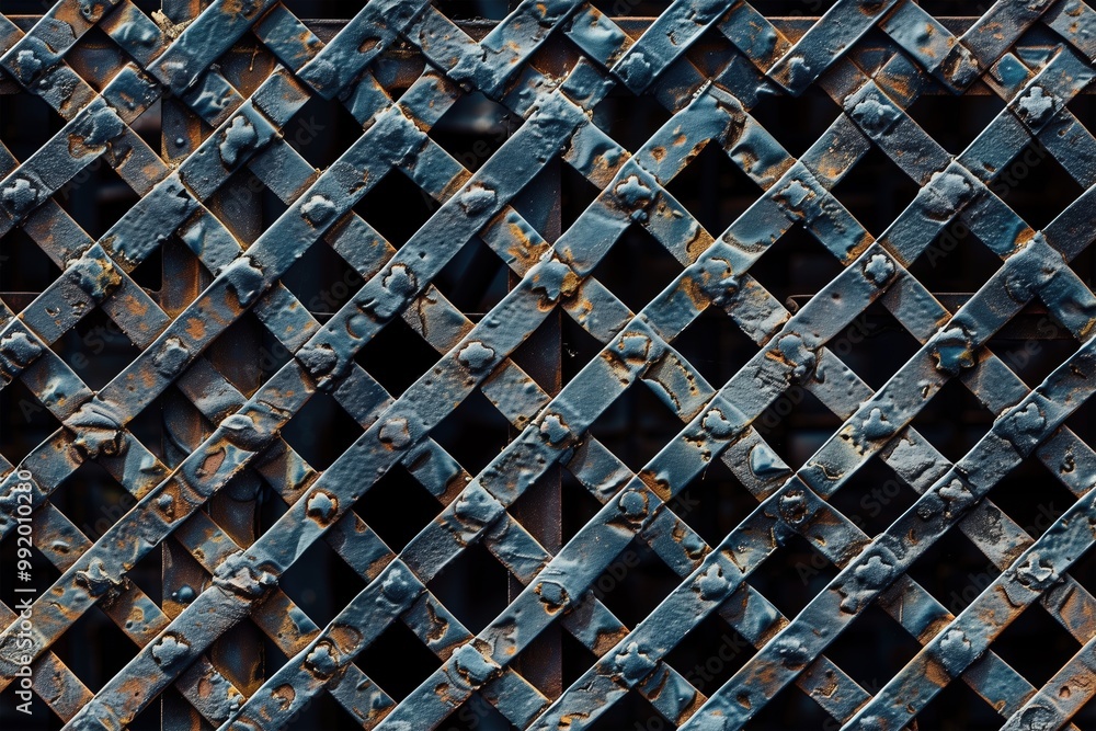 Poster seamless weathered metal grate lattice with a blue and rusted finish. the intricate pattern of the l