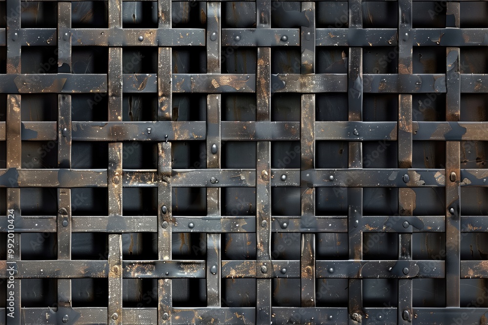 Poster seamless textured metal grate lattice pattern, featuring interwoven black bars with a rustic finish.