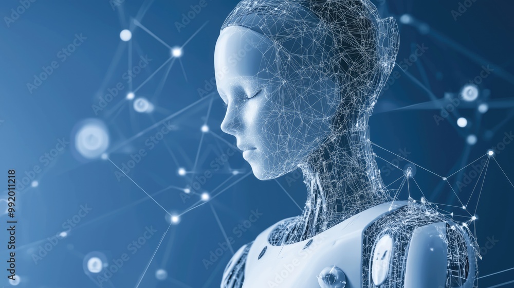 Poster a futuristic robotic figure with a network of connections against a blue background.