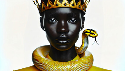 Yellow snake surrounded in queens neck with white background 