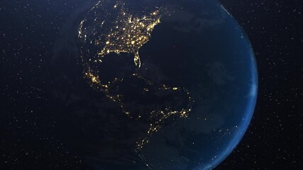 3D earth planet animation of sunrise over the American continent view from space. The camera zooms out and the night cities lights go out. World planet satellite. Night to day.