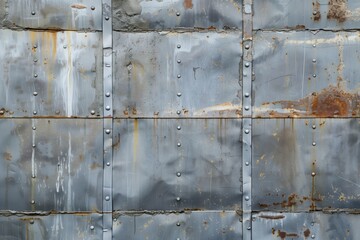 Seamless weathered metal wall featuring rust, dents, and rivets. The surface displays a mix of gray tones with patches of orange rust, showcasing an industrial aesthetic.