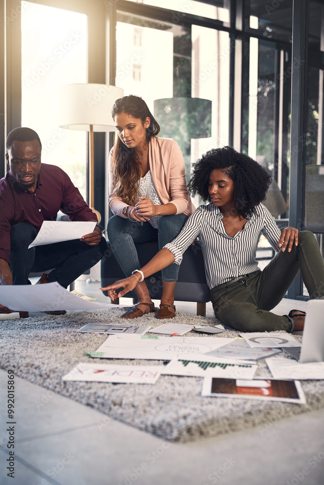 Poster creative people, discussion and meeting with documents in office for sales plan, strategy and teamwo