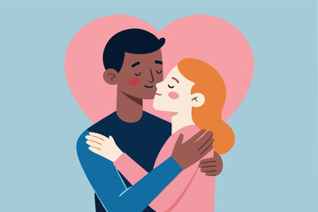 Interracial couple expressing their affection towards each other through tender kiss. Vector flat illustration