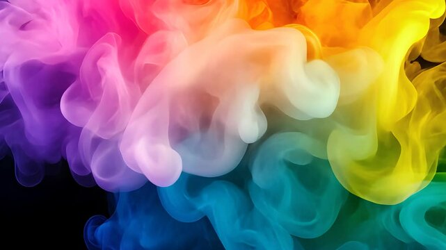 Abstract colorful smoke cloud swirling in the air, representing vibrant movement, creative art, and dynamic color fusion in a modern design.


