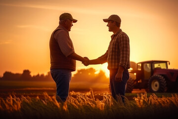 Two Farmers Shake Hands on Field at Sunset