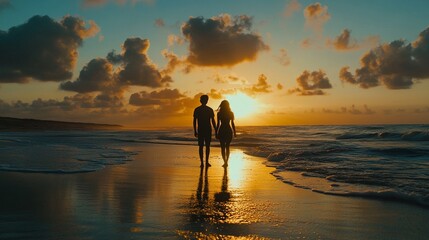 Fototapeta premium A couple strolls hand in hand on the beach at sunset, creating cherished memories together
