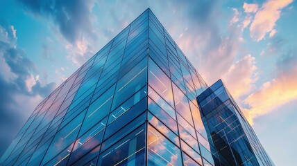 Obraz premium stunning glass sleek modern research facility, reflecting a vibrant sunset sky.