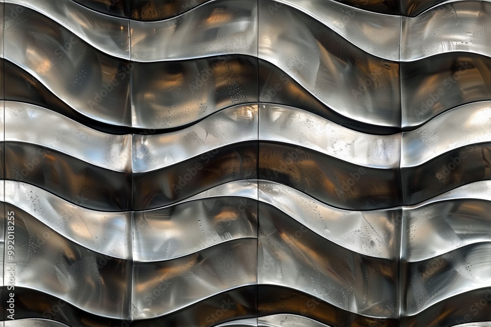 Poster seamless modern metallic wall featuring wavy patterns. the surface reflects light, creating a dynami