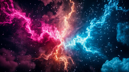 Vivid cosmic lightning converges in a swirling galaxy filled with colorful clouds and sparkling stars
