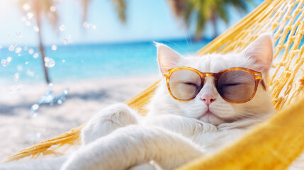 A relaxed white cat wearing sunglasses lounging in a hammock on a sunny beach with palm trees swaying in the background
