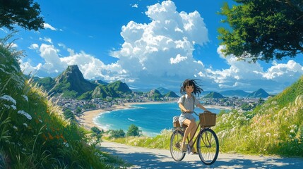 Fototapeta premium Anime-style illustration of a girl riding a bicycle on a scenic coastal path with a town, mountains, and ocean in the background.