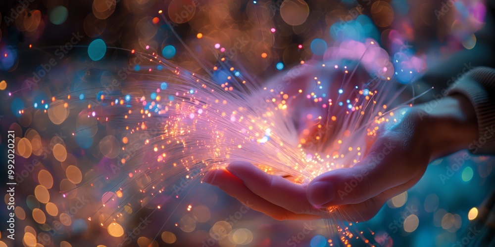 Poster hands holding glowing fiber optic lights, representing advanced technology, communication networks, 