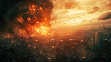 Fototapeta premium A fiery explosion engulfs a city skyline, creating a dramatic apocalyptic scene.