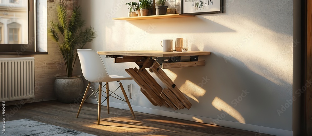 Poster compact foldable dining table set in a stylish urban apartment, neatly stored against a wall to maxi