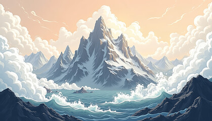 Majestic stylized mountain landscape with snow, turbulent waves, and swirling clouds in a dreamlike composition with copy space

