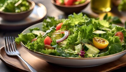 Light and refreshing lunch salads with depth of field featuring crisp greens and tangy dressings