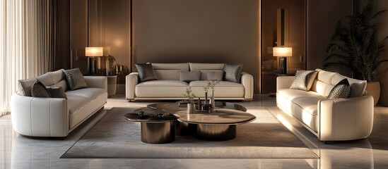 Contemporary living room sets displayed in an elegant arrangement, with soft lighting casting shadows on polished surfaces and chic d?(C)cor.