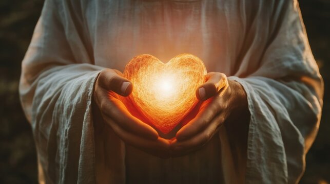 Jesus holding a radiant, luminous heart that symbolizes love, compassion, and divine light