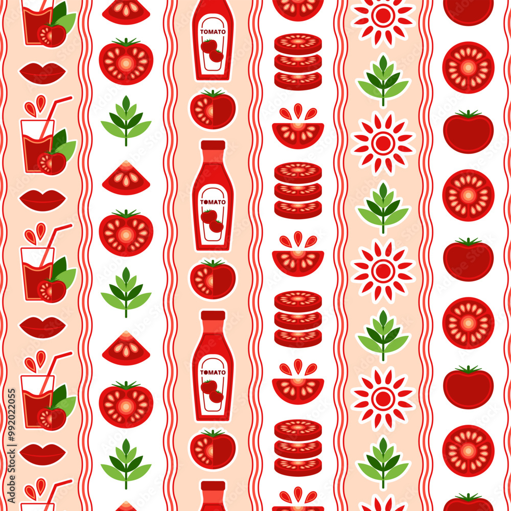 Poster tomato seamless pattern with design elements in simple geometric style. ketchup bottle, tomato slice