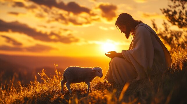 Shepherd jesus christ gently caring for a lost lamb during a majestic sunset scene