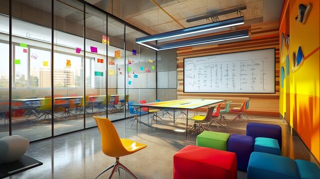 Creative startup conference room featuring colorful accents, modular furniture, and writable glass walls for brainstorming sessions.