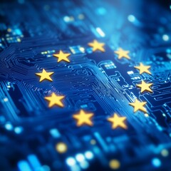 European cybersecurity, sgvo gdpr regulates the observance of european cybersecurity rights in relation to information. european stars placed on digital computer board