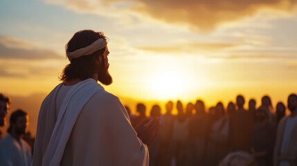 Fototapeta premium Jesus addresses a gathering at dusk, sharing wisdom and inspiration with the crowd