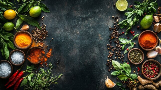 Herbs and spices on a dark background.