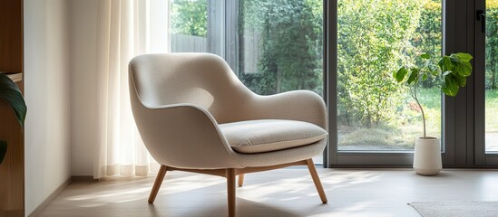 Elegant Scandinavian armchair in soft beige fabric, placed beside a large window with natural light enhancing its sleek wooden legs.