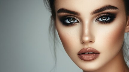 Fototapeta premium A close-up portrait of a beautiful young woman with dramatic eye makeup and nude lipstick.