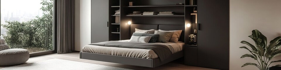 Foldable wall bed folded into a sleek cabinet, blending into the design of a modern bedroom.