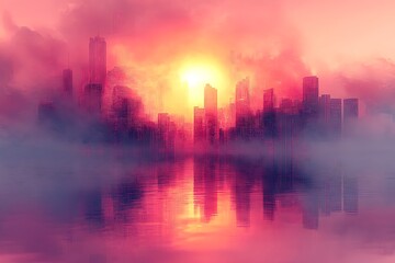 Fototapeta premium A vibrant cityscape at sunset reflected in the water with a hazy, dreamlike quality.