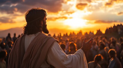 Jesus delivering a powerful message to a large crowd during a stunning sunset backdrop